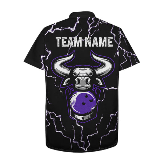 Bowling Bull Thunder Lightning Black & Purple Button-up bowling shirts custom Bowling Team Jersey NQS11419