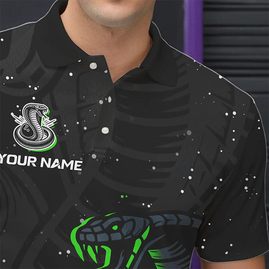 Black and Green Cobra Snake Bowling Polo, Quarter Zip Shirts For Men Custom Name Bowling Team Shirts NQS9655