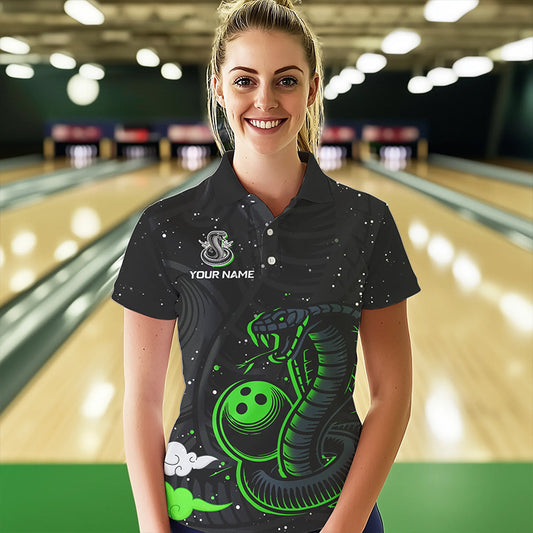 Black and Green Cobra Snake Bowling Polo, Quarter Zip Shirts For Women Custom Name Bowling Team Shirts NQS9655