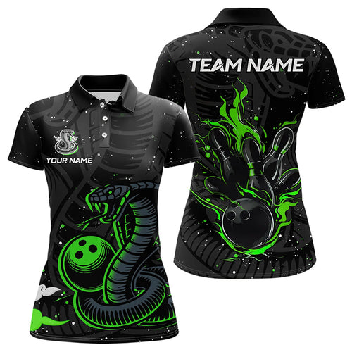 Black and Green Cobra Snake Bowling Polo, Quarter Zip Shirts For Women Custom Name Bowling Team Shirts NQS9655