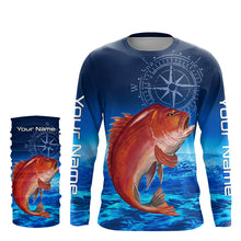 Load image into Gallery viewer, Personalized Red snapper Blue Long Sleeve Performance Fishing Shirts, compass tournament Shirts NQS5903