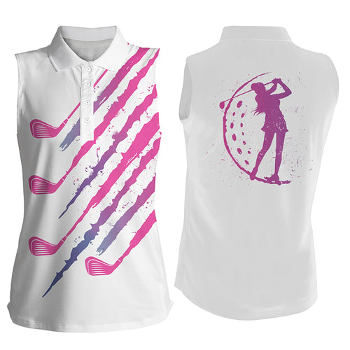 Pink and white golf clubs Womens sleeveless polo shirts custom name golfing gift, ladies golf tops NQS3725