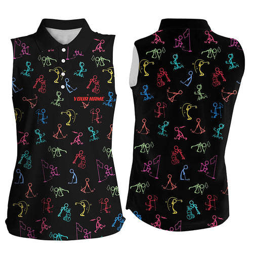 Women sleeveless polo shirt custom funny multi color golf pattern black polo shirt ladies golf wear NQS8217