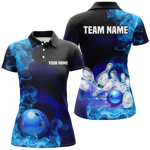 Blue Flame Fire Bowling Polo, Quarter Zip Shirt For Women Custom team bowling jersey, Gift for Bowlers NQS8447