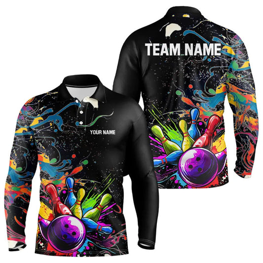 Colorful Splash Bowling Polo, Quarter Zip Shirt for Men Custom Bowling Team shirts for bowlers NQS9146