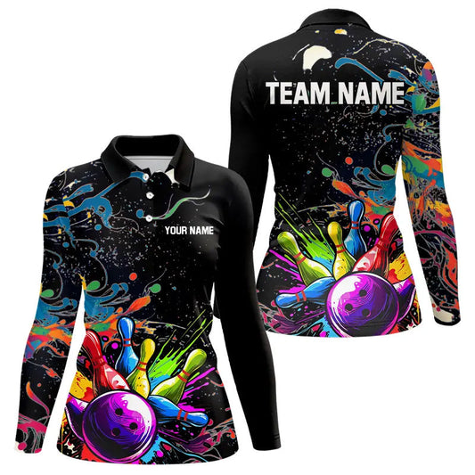 Colorful Splash Bowling Polo, Quarter Zip Shirt for Women Custom Bowling Team shirts for bowlers NQS9146