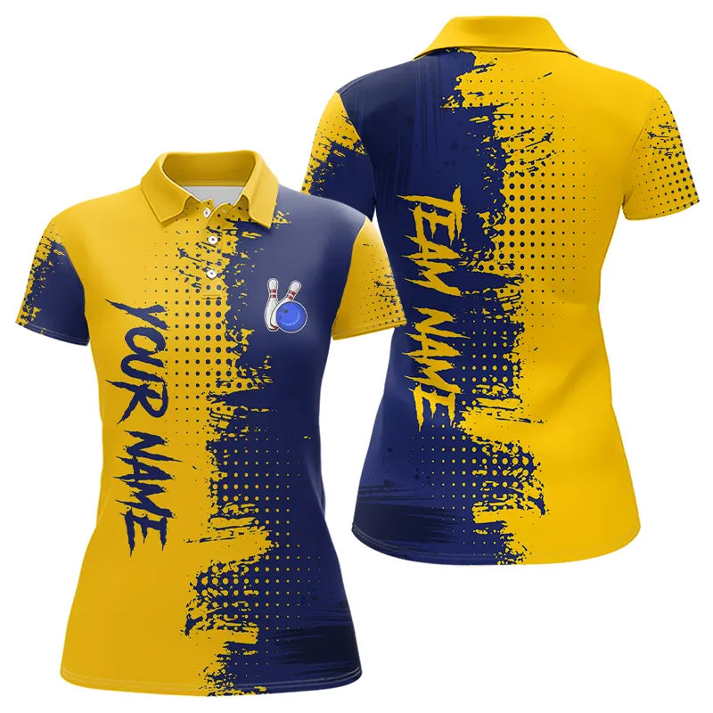 Blue and Yellow Bowling Polo, Quarter Zip shirts for Women Custom Bowling Team Jerseys NQS9354