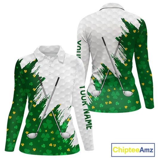Green clover pattern St Patrick's day custom white Womens golf polo shirts, team ladies golf tops NQS11421