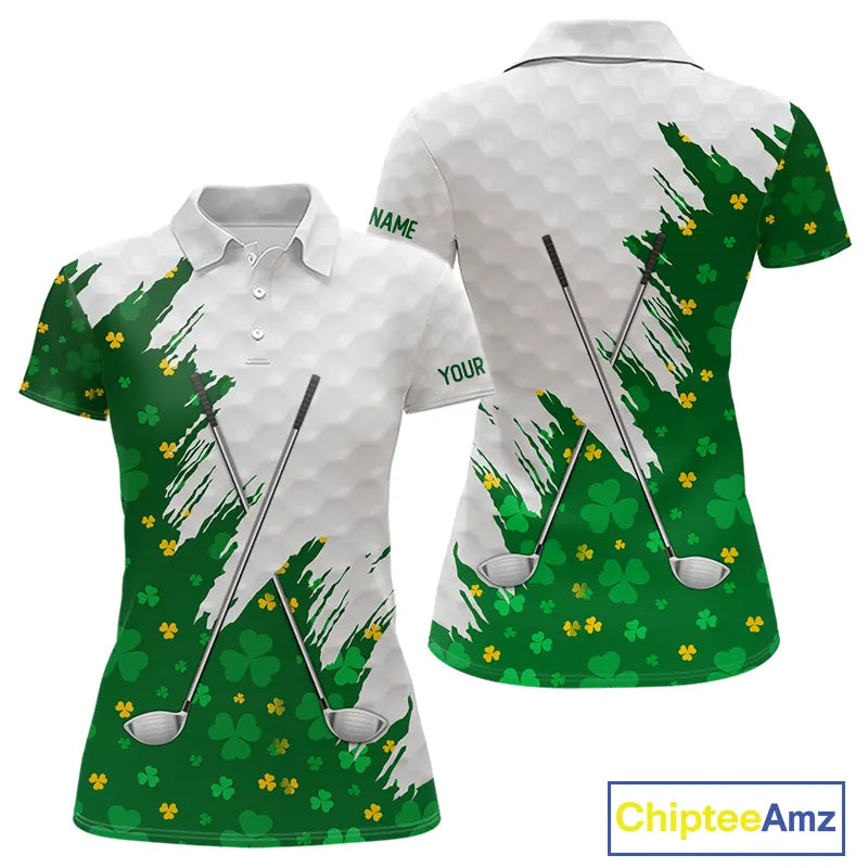 Green clover pattern St Patrick's day custom white Womens golf polo shirts, team ladies golf tops NQS11421