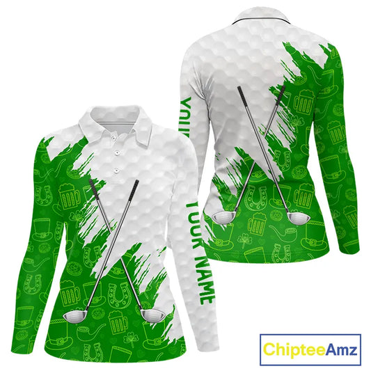 Green and White St Patrick's day pattern custom Womens golf polo shirts, team golf attire for ladies NQS11422