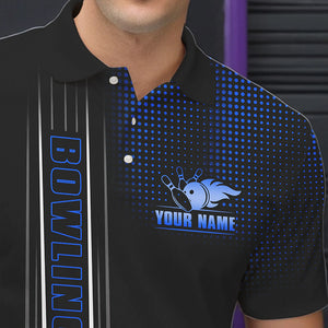 Personalized Black and Blue Flame Bowling Polo, Quarter Zip Shirts For Men Custom Bowling Team Jerseys NQS9497