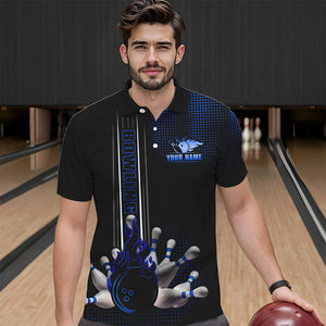Personalized Black and Blue Flame Bowling Polo, Quarter Zip Shirts For Men Custom Bowling Team Jerseys NQS9497