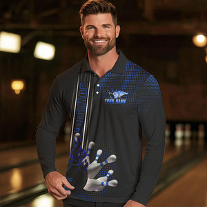 Personalized Black and Blue Flame Bowling Polo, Quarter Zip Shirts For Men Custom Bowling Team Jerseys NQS9497