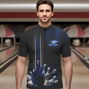 Personalized Black and Blue Flame Bowling Polo, Quarter Zip Shirts For Men Custom Bowling Team Jerseys NQS9497