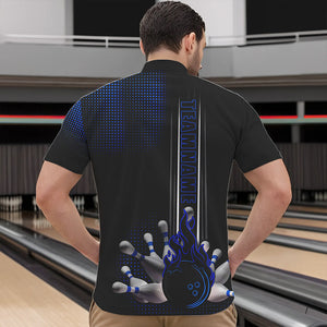 Personalized Black and Blue Flame Bowling Polo, Quarter Zip Shirts For Men Custom Bowling Team Jerseys NQS9497