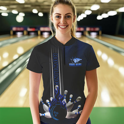 Personalized Black and Blue Flame Bowling Polo, Quarter Zip Shirt For Women Custom Bowling Team Jersey NQS9497