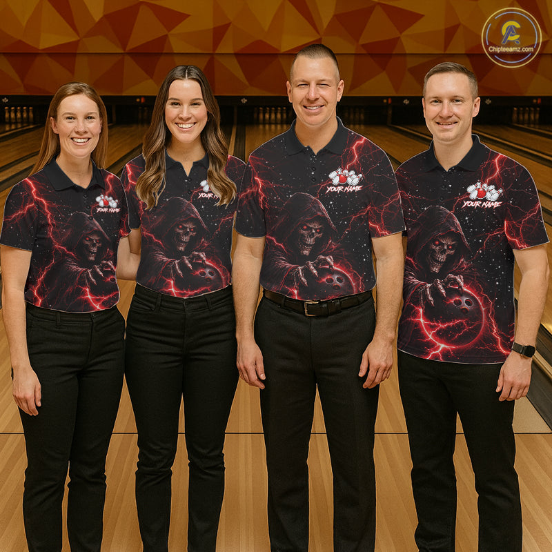 Custom Black And Red Lightning Thunder Skull Reaper Bowling Shirts For Women, Bowling Team Jerseys NQS11623