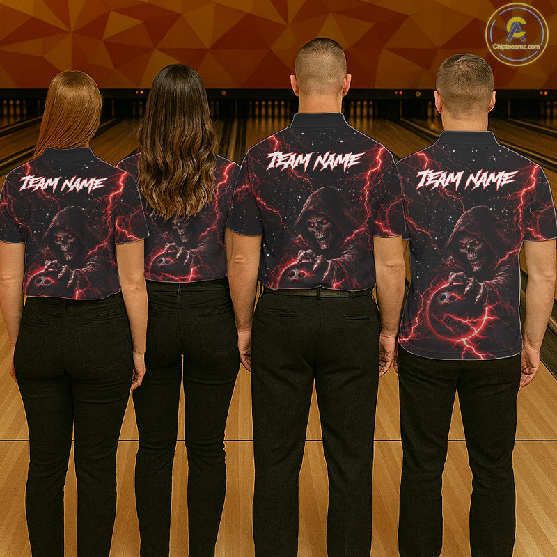Custom Black And Red Lightning Thunder Skull Reaper Bowling Shirts For Women, Bowling Team Jerseys NQS11623
