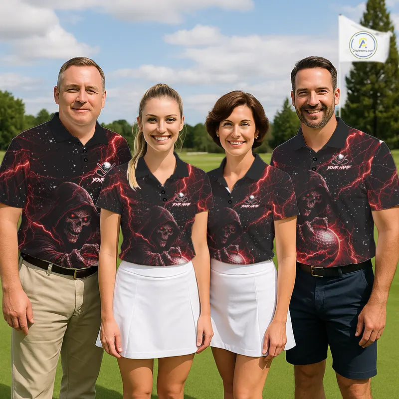 Custom Black And Red Lightning Thunder Skull Reaper Womens Golf Polo Shirt, ladies golf apparel NQS11624