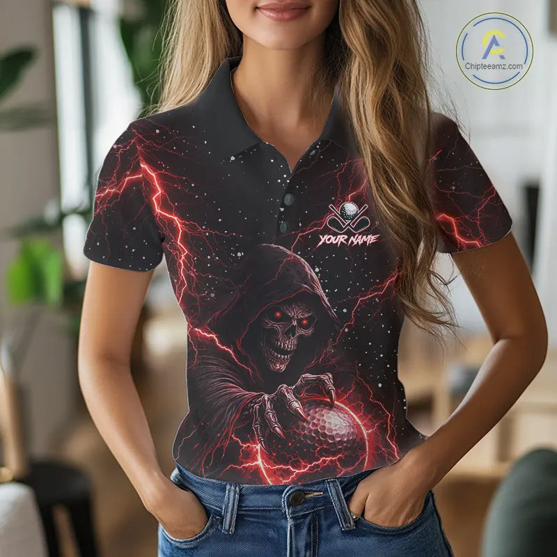 Custom Black And Red Lightning Thunder Skull Reaper Womens Golf Polo Shirt, ladies golf apparel NQS11624