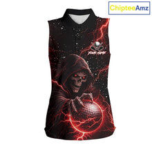 Load image into Gallery viewer, Custom Black And Red Lightning Thunder Skull Reaper Womens Sleeveless Golf Shirt, ladies golf apparel NQS11624