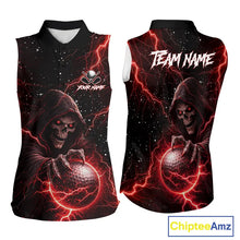 Load image into Gallery viewer, Custom Black And Red Lightning Thunder Skull Reaper Womens Sleeveless Golf Shirt, ladies golf apparel NQS11624