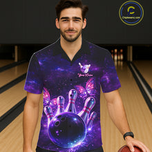 Load image into Gallery viewer, Custom Purple Galaxy Butterfly Bowling Button-up Shirt, Hawaiian Bowling Team Jersey With Butterflies NQS11627