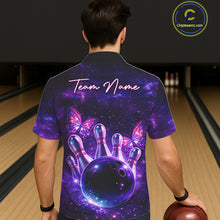 Load image into Gallery viewer, Custom Purple Galaxy Butterfly Bowling Button-up Shirt, Hawaiian Bowling Team Jersey With Butterflies NQS11627