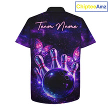 Load image into Gallery viewer, Custom Purple Galaxy Butterfly Bowling Button-up Shirt, Hawaiian Bowling Team Jersey With Butterflies NQS11627