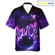 Load image into Gallery viewer, Custom Purple Galaxy Butterfly Bowling Button-up Shirt, Hawaiian Bowling Team Jersey With Butterflies NQS11627