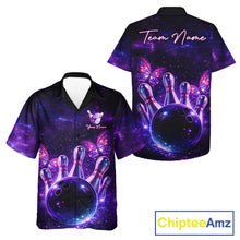 Load image into Gallery viewer, Custom Purple Galaxy Butterfly Bowling Button-up Shirt, Hawaiian Bowling Team Jersey With Butterflies NQS11627