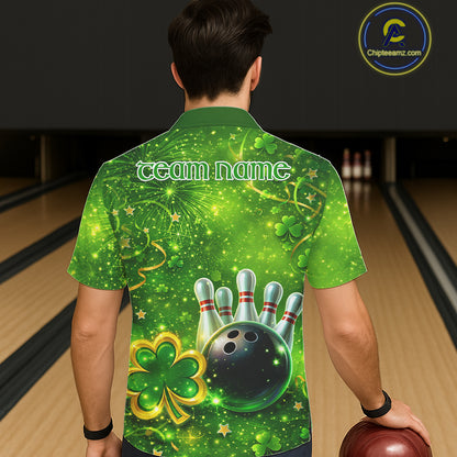 Happy St Patrick's Day Green and Gold Shamrock Bowling Button-up Shirts Custom Team Bowling Jersey NQS11630