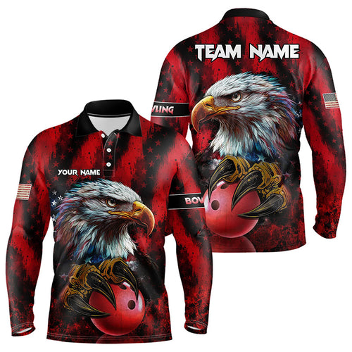 American Flag Eagle Bowling Polo, Quarter Zip Shirts For Men Custom Name Patriotic Bowling Team Jersey NQS9660