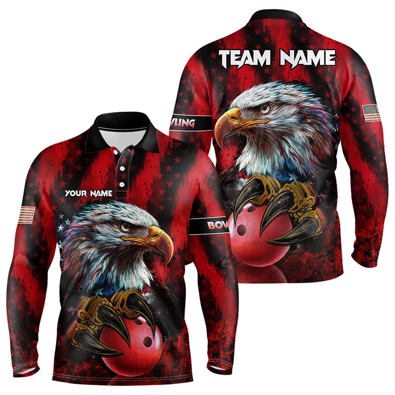 American Flag Eagle Bowling Polo, Quarter Zip Shirts For Men Custom Name Patriotic Bowling Team Jersey NQS9660