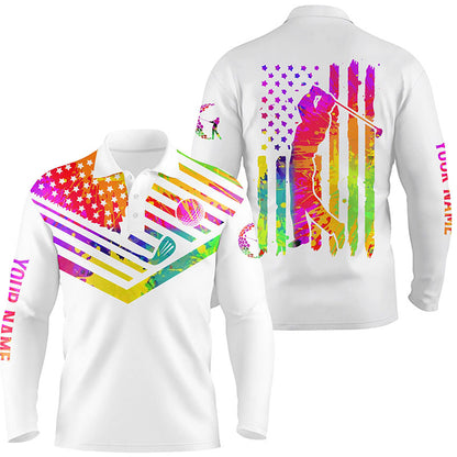 Mens golf polo shirt watercolor American flag custom name white mens golf shirt, golfer gifts NQS3450