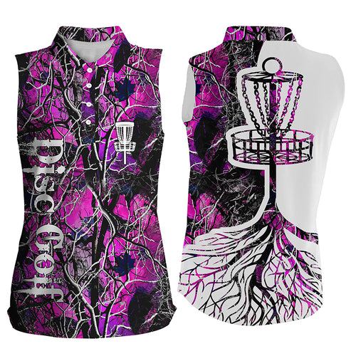 Womens disc golf sleeveless polo shirt pink camo disc golf basket, personalized disc golf shirts NQS5695
