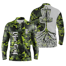 Load image into Gallery viewer, Mens disc golf polo shirt custom name green camo disc golf basket, personalized disc golf shirts NQS5697
