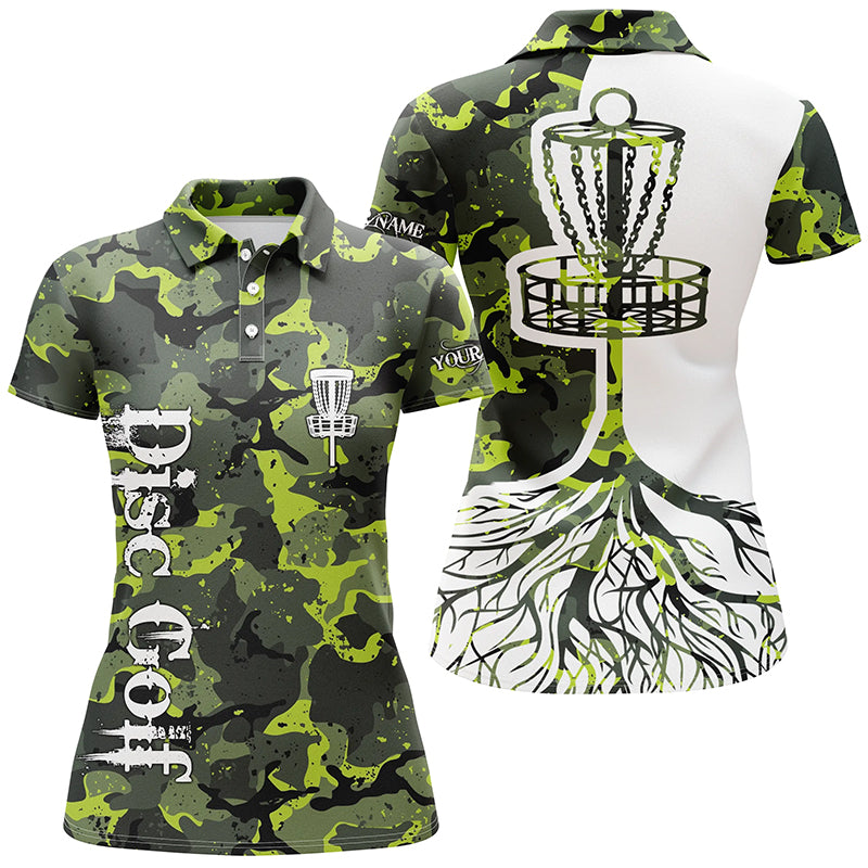 Womens disc golf polo shirt custom name green camo disc golf basket, personalized disc golf shirts NQS5697