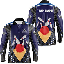 Load image into Gallery viewer, Blue Bowling Polo, Quarter Zip shirts for men custom retro bowling ball and pins team bowling jerseys NQS7796
