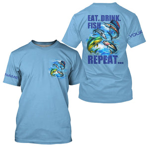 Saltwater offshore Fishing Custom Long Sleeve Performance Fishing shirts Eat Drink Fish Repeat | Blue NQS5918