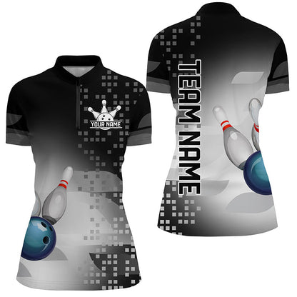 Black and White Bowling Polo, Quarter Zip Shirt For Women Custom team bowling jersey, Gift for Bowlers NQS8450