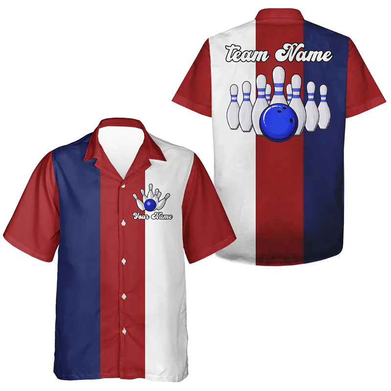 Personalized Red white and blue Retro Bowling hawaiian shirts Custom vintage Team button up shirts NQS6569