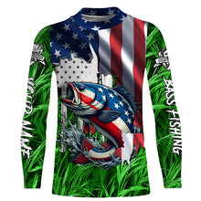 Load image into Gallery viewer, American flag patriotic Largemouth Bass green camo fishing, custom long sleeve sun protection shirts NQS1132