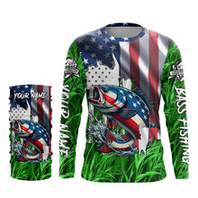 Load image into Gallery viewer, American flag patriotic Largemouth Bass green camo fishing, custom long sleeve sun protection shirts NQS1132