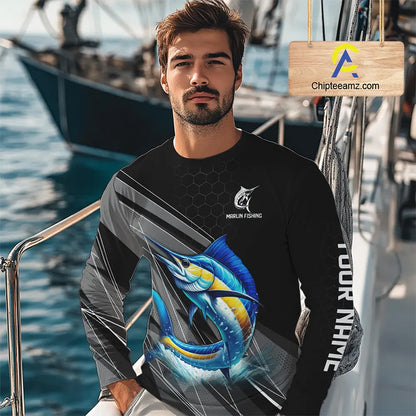 Personalized Black camo Marlin Fishing Jerseys, Marlin Long Sleeve Fishing Tournament Shirts NQS11035