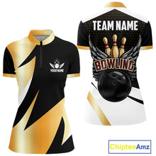 Load image into Gallery viewer, Black and Gold Bowling ball wings Bowling Polo, 1/4 Zip Shirts for Women Custom Bowling Team jersey NQS11043