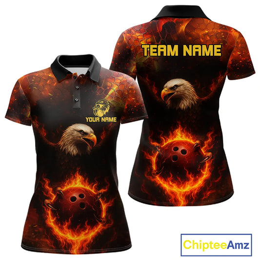 Personalized Flame Eagle Bowling Polo, Quarter Zip Shirts For Women Custom Team Eagle Bowling Jerseys NQS11236