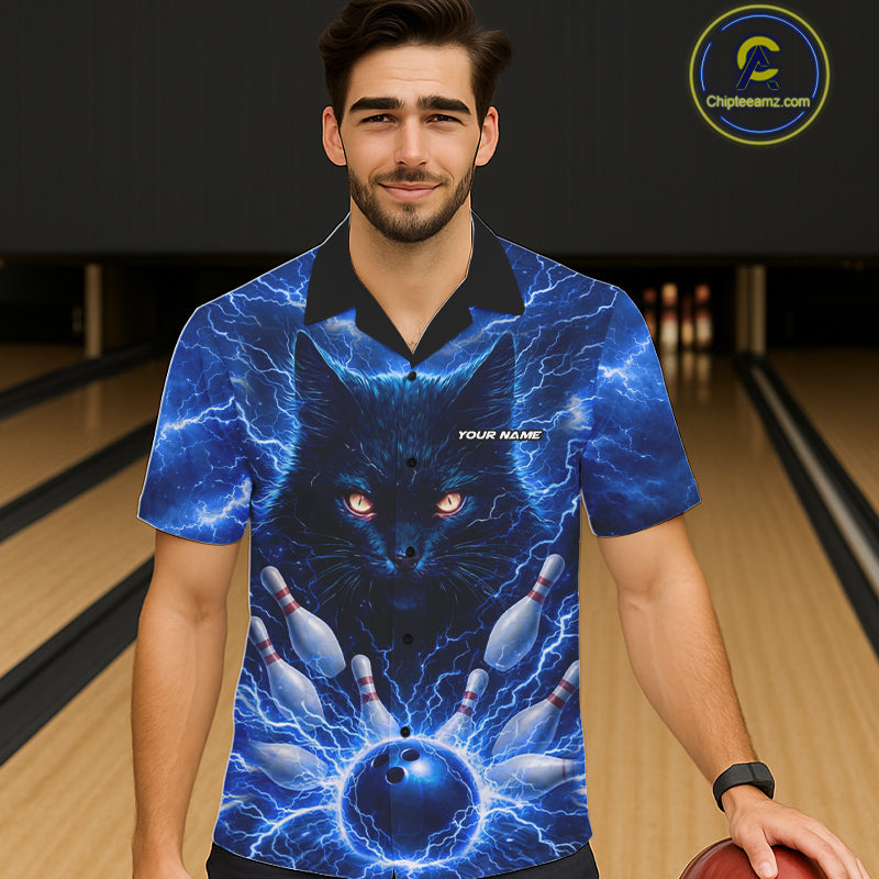 Blue Lightning Thunder Cat Hawaiian Bowling Jerseys custom Button-up bowling Team League Shirts NQS11428