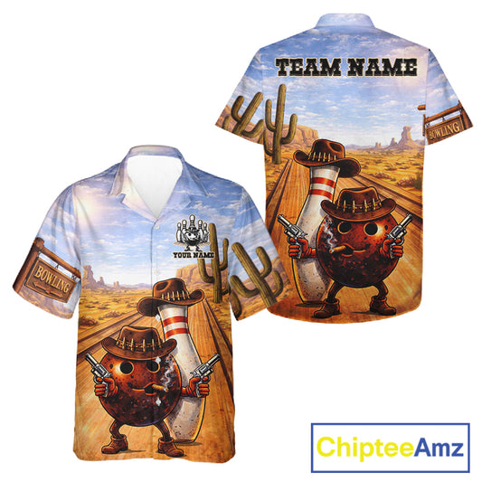 Funny desert Bowling Cowboy gun Bowling Hawaiian jerseys Custom button up bowling team shirts NQS11434