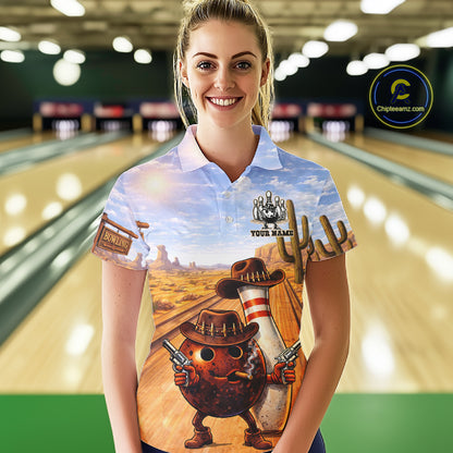 Funny desert Bowling Cowboy gun Bowling Polo, 1/4 zip shirts for Women Custom bowling team jerseys NQS11434